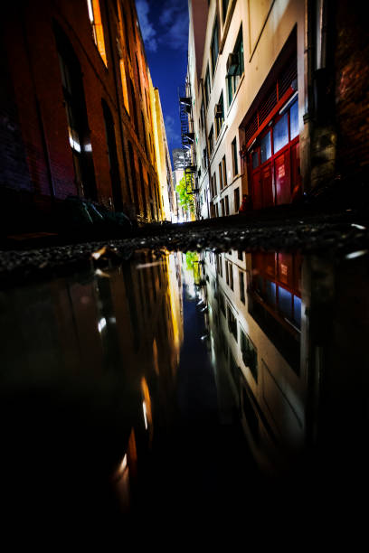 istock Dark alley reflected in puddle - Seattle 1084716918
