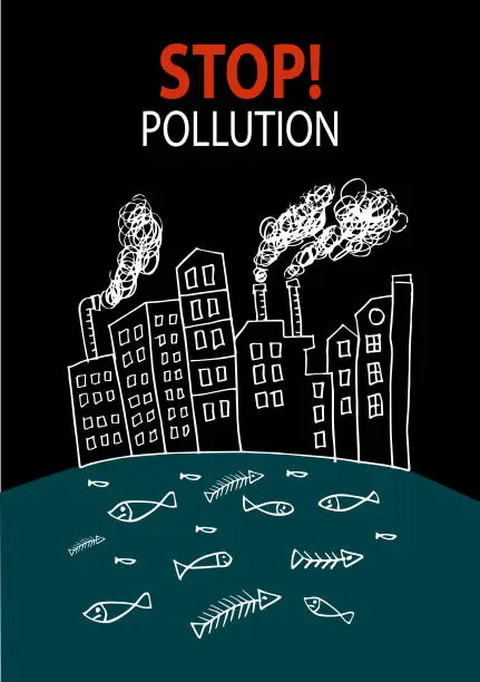 Vector illustration of Stop! Pollution. Water pollution from factory.