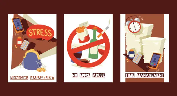 Vector illustration of Stress and stressful situation concept cards set vector illustration. Financial management. Lack of money. No more abuse. Giving up bad habits. Time management. Meeting deadlines.