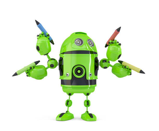 Four-armed 3d robot with pencils. Multitasking concept. Isolated. Contains clipping path.