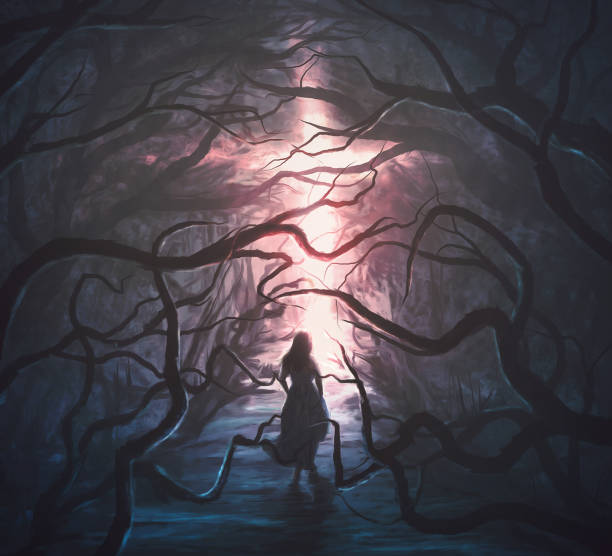 Two boys standing in the dark, holding hands and looking at the trees that become a scary monsters.