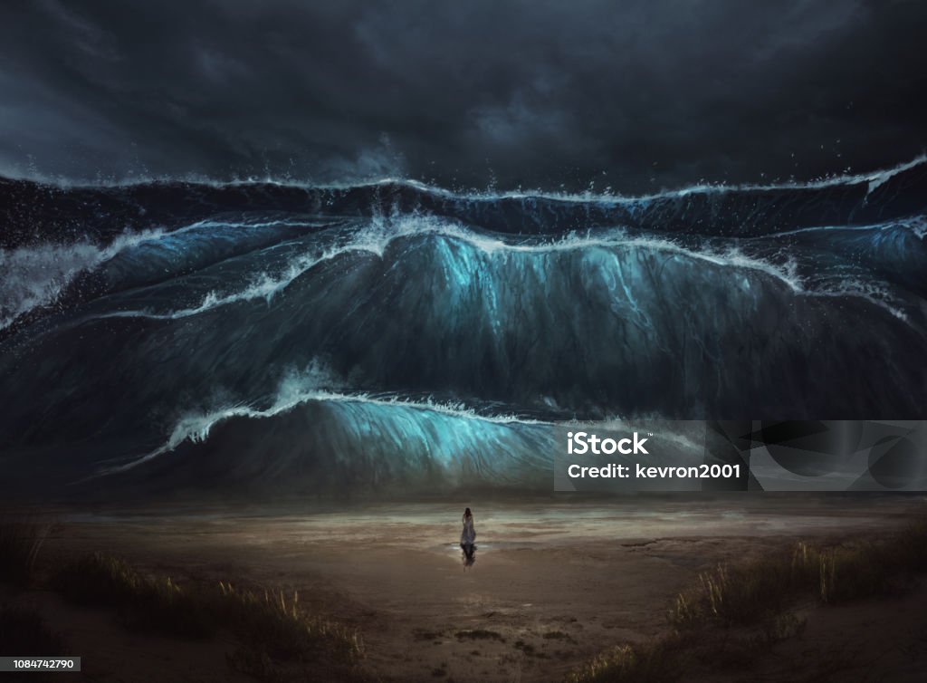 Standing before tidal wave A woman stands alone before a large tidal wave coming on to the beach. Tsunami Stock Photo