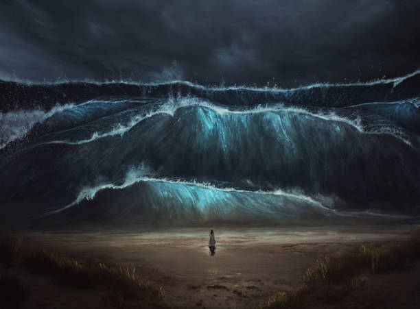 Standing before tidal wave A woman stands alone before a large tidal wave coming on to the beach. tide photos stock pictures, royalty-free photos & images