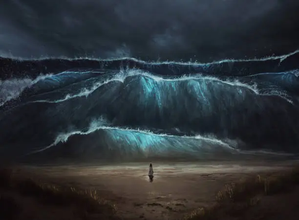 A woman stands alone before a large tidal wave coming on to the beach.