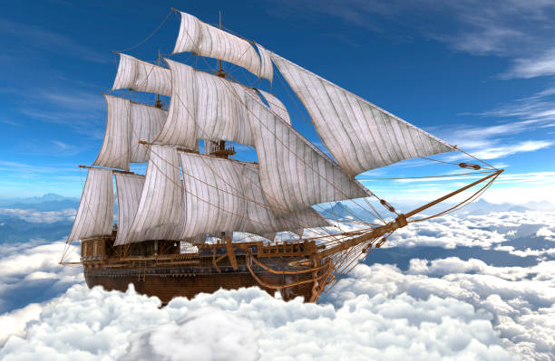 istock Sailboat flying above the clouds 3d illustration 1084744472