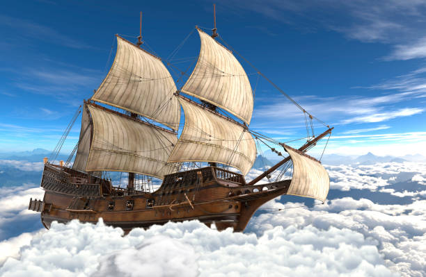 istock Sailboat flying above the clouds 3d illustration 1084744480