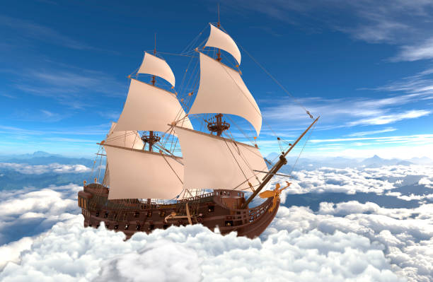 istock Sailboat flying above the clouds 3d illustration 1084744484