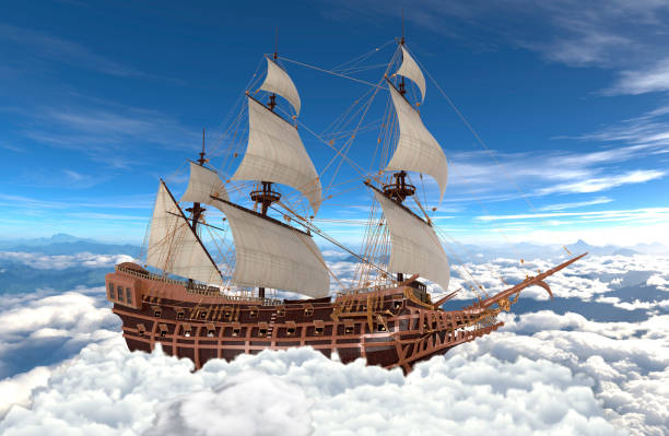 istock Sailboat flying above the clouds 3d illustration 1084744502