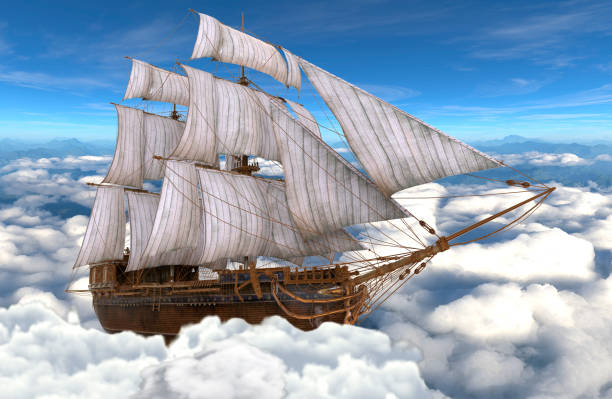 istock Sailboat flying above the clouds 3d illustration 1084744520