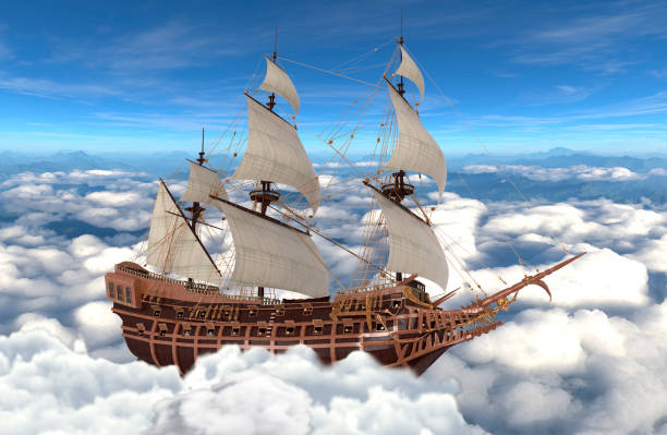 istock Sailboat flying above the clouds 3d illustration 1084744538