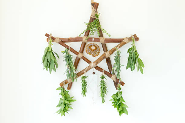 Herbal Witch - branch pentagram herb dryer with brown agate slice, selenite and fresh herb bundles - horizontal with white copy space