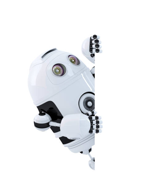 istock Robot looking at blank banner. Isolated. Contains clipping path 1084749646