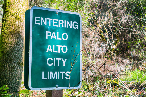 Entering Palo Alto City Limits sign posted on one of the trails, San Francisco bay area, California