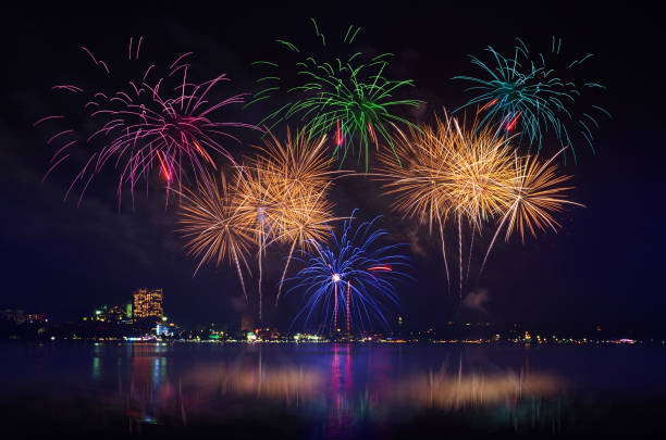 istock Colorful fireworks celebration and the city night light with twilight sky background. 1084752866