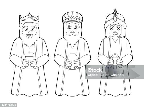 Three Wise Men Black And White Cartoon Characters Illustration Stock Illustration - Download Image Now