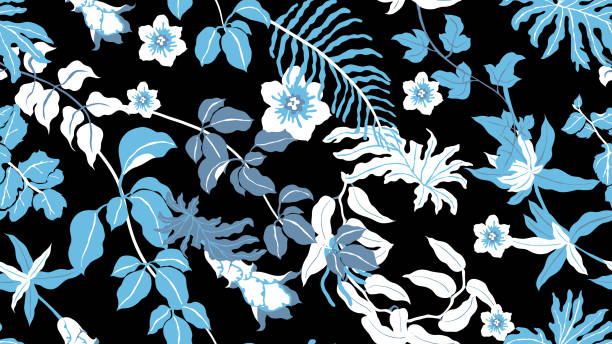 ilustrações de stock, clip art, desenhos animados e ícones de colorful botanical seamless pattern, hand drawn tropical plants on black background, blue tone - fern forest ivy leaf