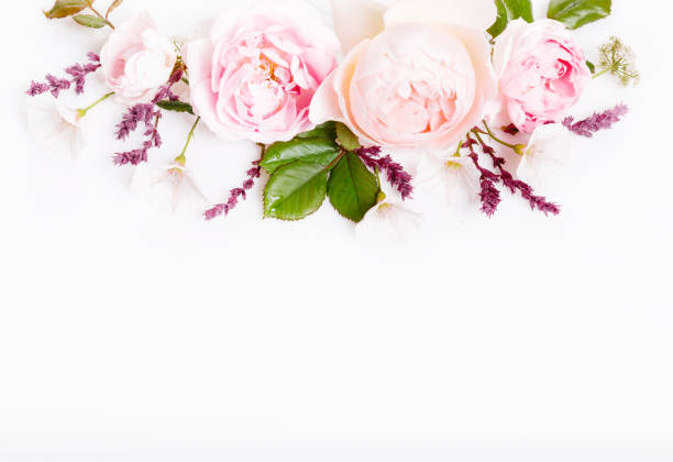 istock Festive flower composition on the white wooden background. Overhead view 1084778420