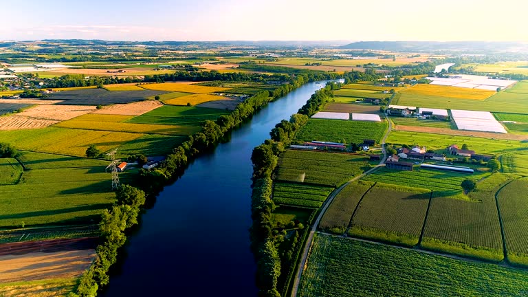 Wonderful shot of a river and fields with a drone