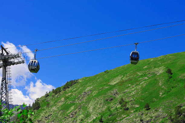 istock Cableway moving up over a Caucasus mountains against clear blue sky and small white cloud 1084785282
