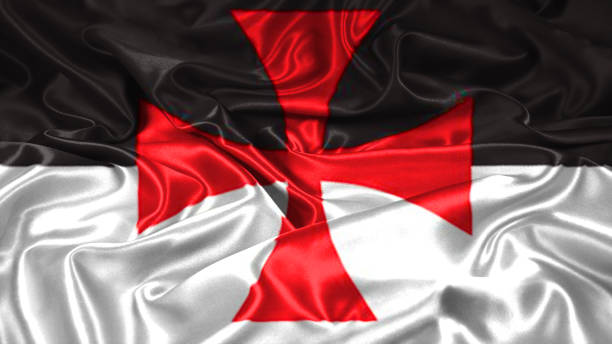 istock Knights Templar Crusade flag on silk and satin texture with mask 1084788256