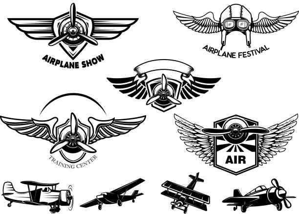 illustrations, cliparts, dessins animés et icônes de jeu d’avion vintage montrent des emblèmes. éléments de conception d’étiquette, signe, menu. - airshow