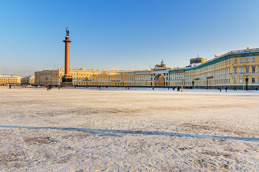 View of General Staff Building and Palace square in winter in Saint Petersburg, Russia