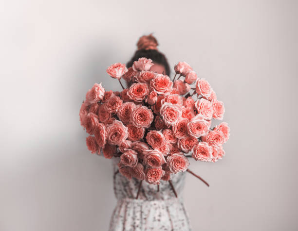 Bunch of Living Coral roses Bouquet in female hands. Bunch of Living Coral roses. Color of year 2019 Living Coral concept. wedding fashion stock pictures, royalty-free photos & images