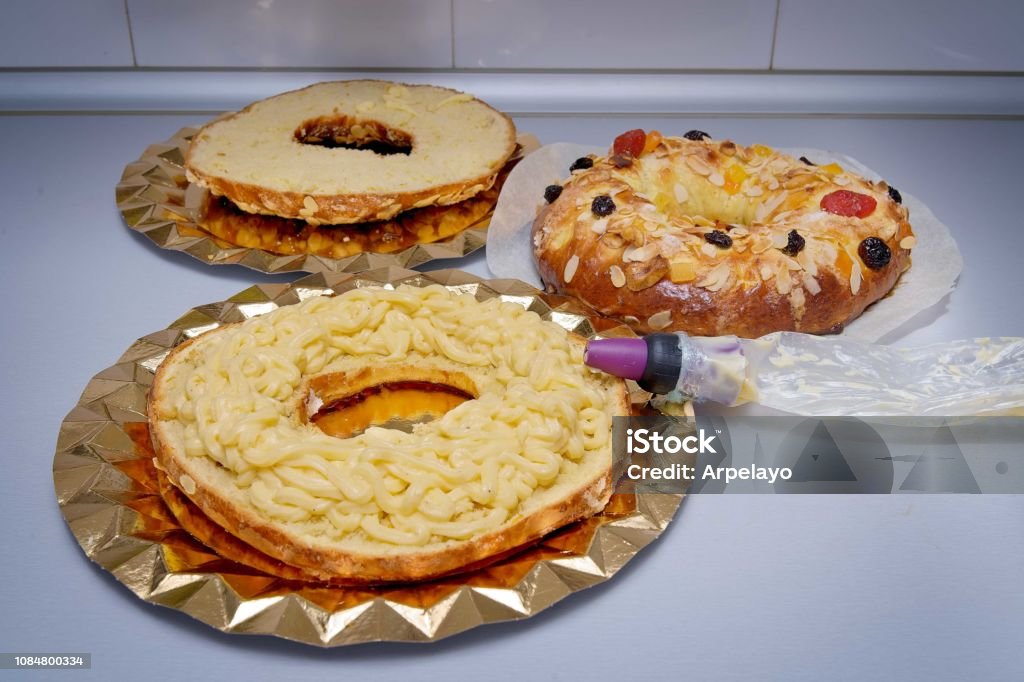Ring of the kings Ring of the kings. Typical spanish dessert christmas time. Baked Pastry Item Stock Photo