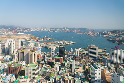 Aerial view of Busan downtown cityscape in Busan, South Korea.