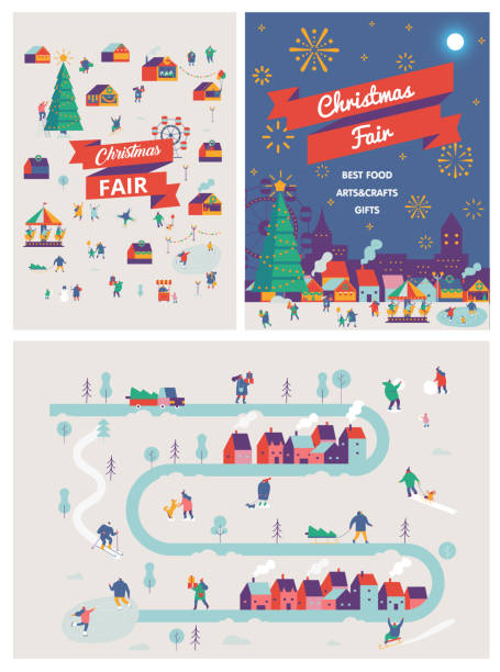 Christmas market and holiday fair posters. Winter season background people characters. Winter outdoor activities. Flat vector illustration. ice skating vector stock illustrations