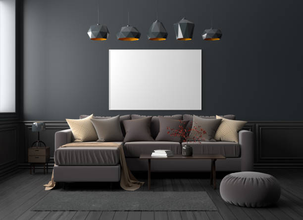 istock Mock up poster frame in dark modern living room interior. 3D illustration. 1084802762