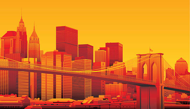 bildbanksillustrationer, clip art samt tecknat material och ikoner med brooklyn bridge and manhattan, new york city. - manhattan skyline sunset