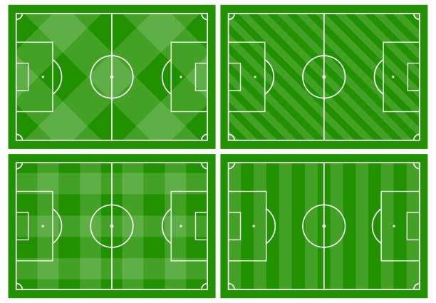zestaw czterech boisk piłkarskich z różnymi zielonymi ornamentami trawiastymi - spring organization nature field stock illustrations