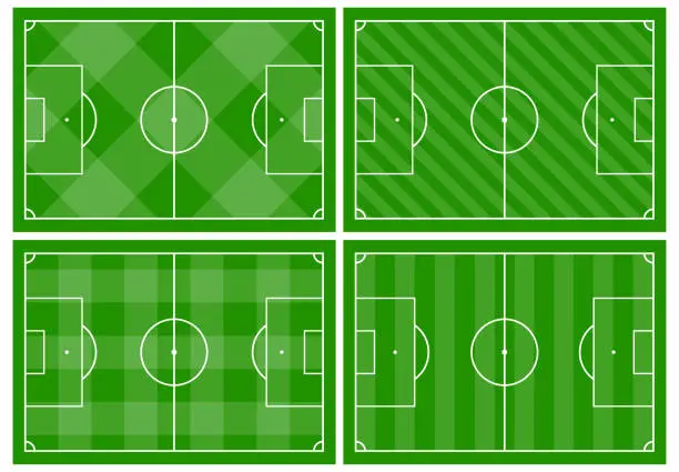 Vector illustration of Set of four football fields with different green grass ornaments