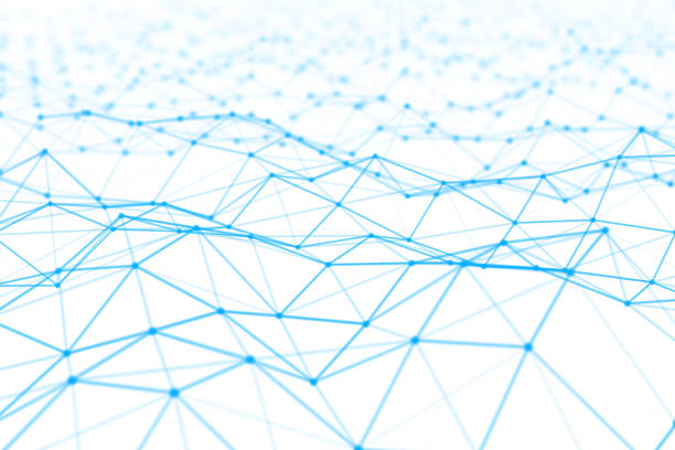 données numériques bleues et lignes de triangle de connexion réseau et sphères dans le concept de technologie futuriste sur fond blanc, 3d illustration abstraite - triangle pattern sphere blue photos et images de collection