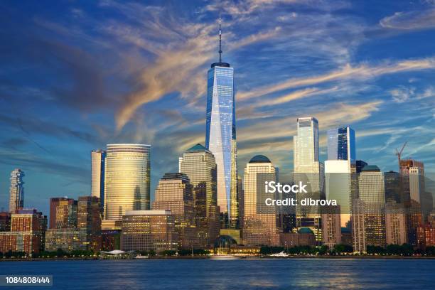 Manhattan Skyline At Dusk Stock Photo - Download Image Now - One World Trade Center, World Trade Center - Manhattan, New York City