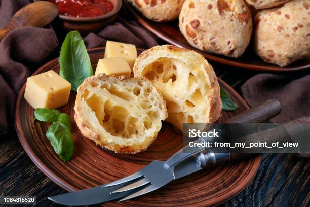 Cheese Puffs Balls Cut In Halves Closeup Stock Photo - Download Image Now - Gougere, Cutting, Emmental Cheese
