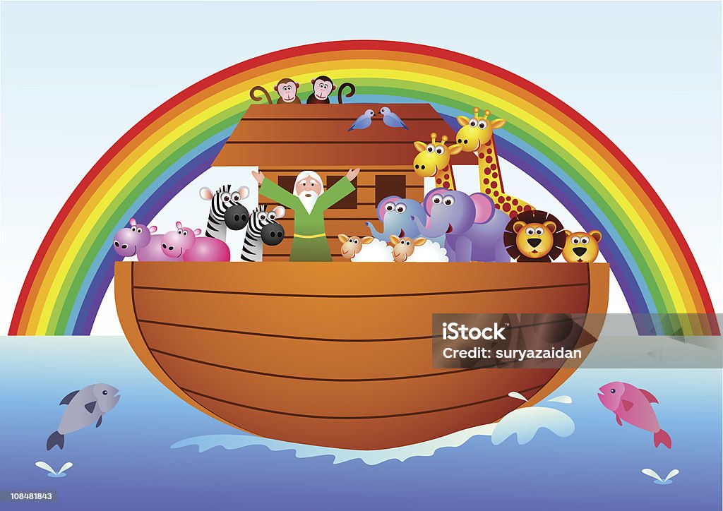 Cartoon Graphic Of Noahs Ark With Rainbow And Animals Stock Illustration - Download Image Now - iStock