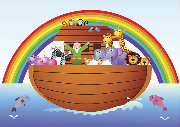 Cartoon graphic of Noah's Ark with rainbow and animals Vector illustration of Noah's Ark noahs ark stock illustrations
