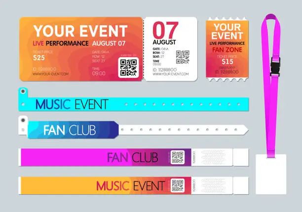 Vector illustration of Event entrance Ticket, badge card holder, and bracelets. Live performance entrance. Access control design for Dance, Music, festivals, private areas, concerts or party events. Vector