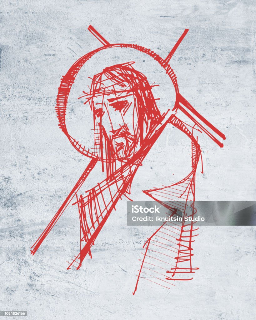 Jesus Christ at his Passion illustration Hand drawn illustration or drawing of Jesus Christ at his Passion Cross Shape stock illustration