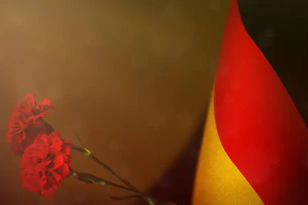 Photo of Germany flag for honour of veterans or memorial day with two red carnation flowers. Glory to Germany heroes of war concept on orange dark velvet.