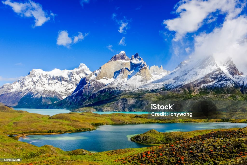 Torres del Paine, Chile. Beautiful Patagonia landscape of Andes mountain range, winding road and lake at Torres del Paine National Park, Chile. Chile Stock Photo