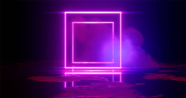 istock 3d rendering illustration. Square Purple and red neon light on a smoke background. Neon frame for your design. 1084828228