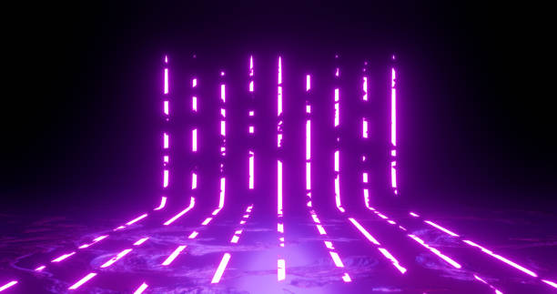 istock 3d rendering illustration. Vertical lines Purple and red neon lights on a black background. Neon frame for your design. 1084828246