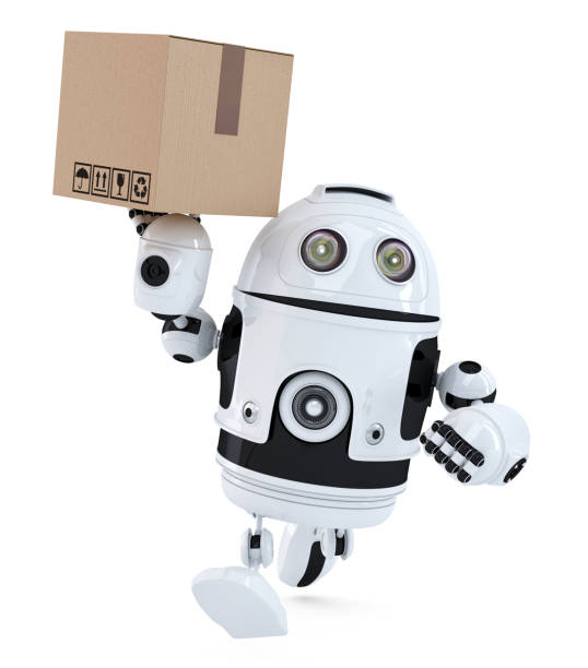 Robot on a hurry delivering package. Isolated over white. Contains clipping path