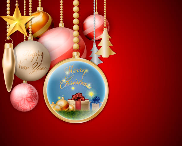 istock Gold christmas glossy balls on red and Golden typography with decorations. vector illustration 1084832448