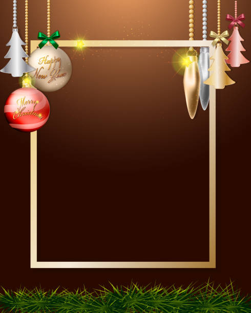 istock Christmas Balls Hanging Ornaments Decoration on Golden frame.vector illustration 1084832454