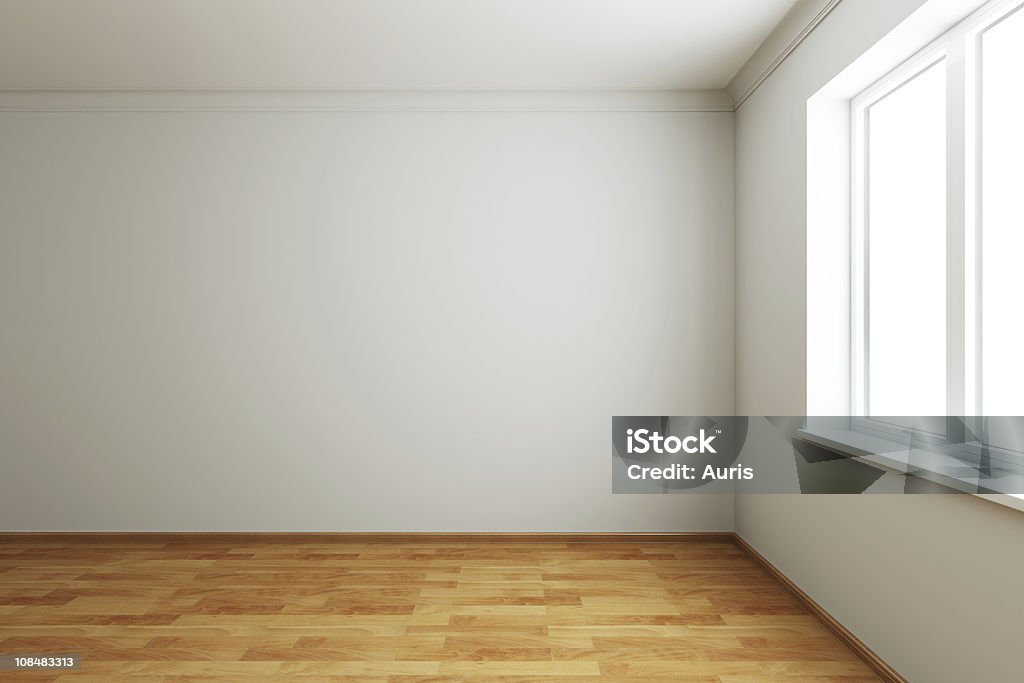 Empty white walled room with wooden floor 3d rendering the empty room with window Blank Stock Photo