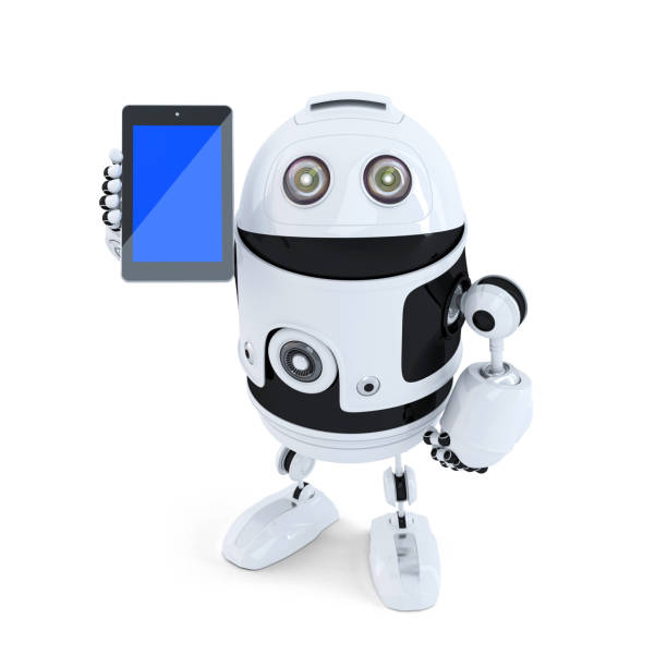 istock Robot holding mobile phone. Isolated on white background. Contains clipping path 1084836714